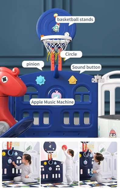 Kids Indoor Playpen Slide Swing Rocking Horse White Board Toy Rack Blue