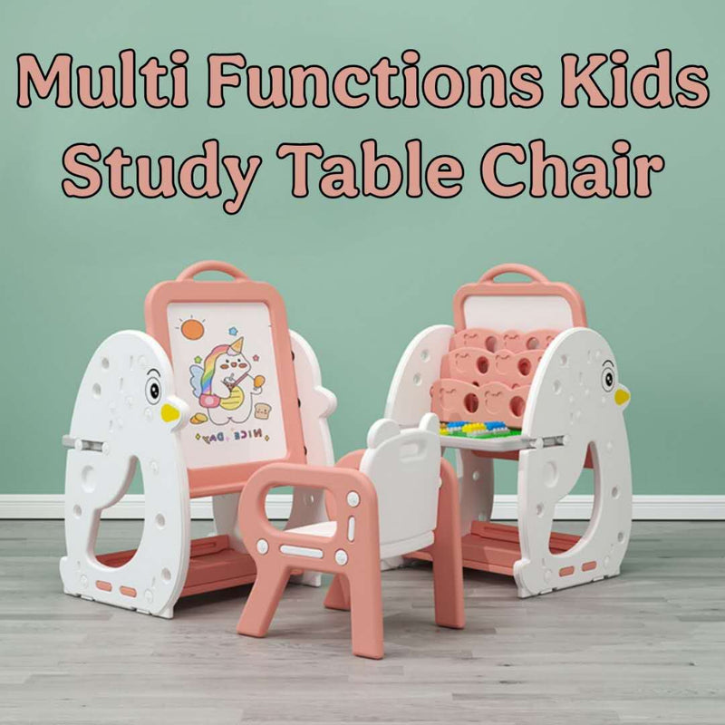 Multi Functions Kids Study Table Chair With Blocks Lego Book Self White Board Pink