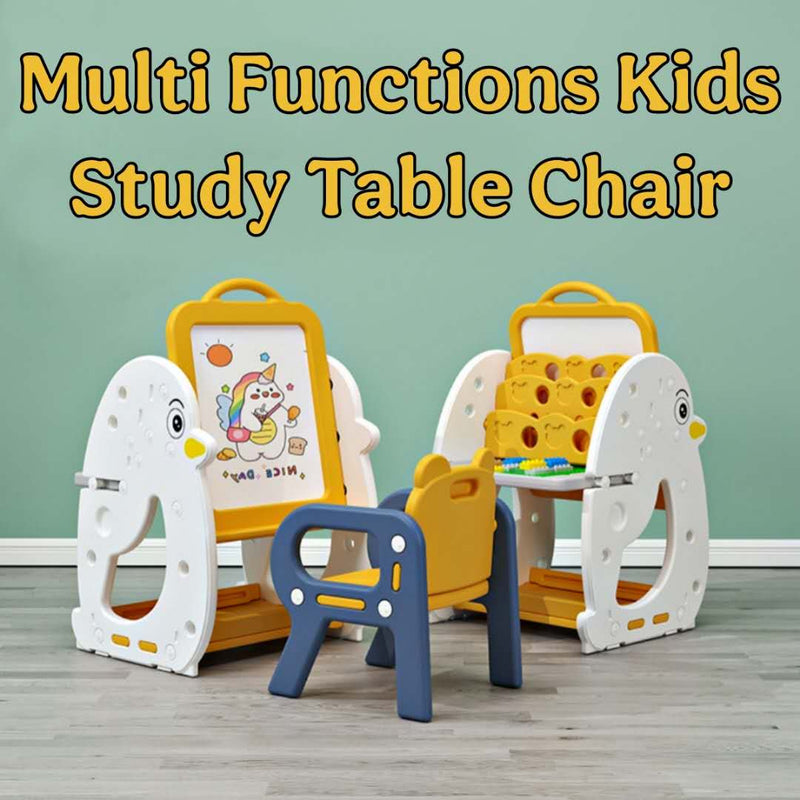Multi Functions Kids Study Table Chair With Blocks Lego Book Self White Board Yellow