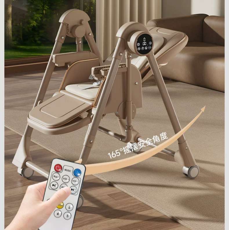 Automatic Baby Boy Girl Recline Foldable Dining  Swing High Chair Brown With Remote