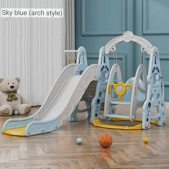 Baby Kids Boy Girl Slide & Swing With Basketball Hoop Sky Blue And Grey