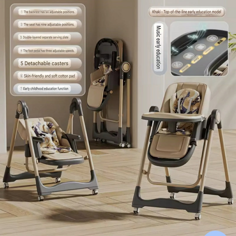 Baby Boy Girl Rocking Swing Dining High Chair Brown With Music