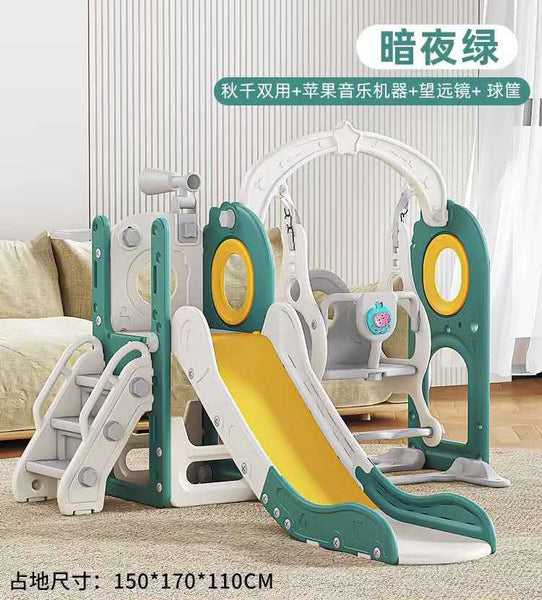 Baby Kids Boy Girl Slide & Swing With Music & Basketball Hoop Green And Yellow