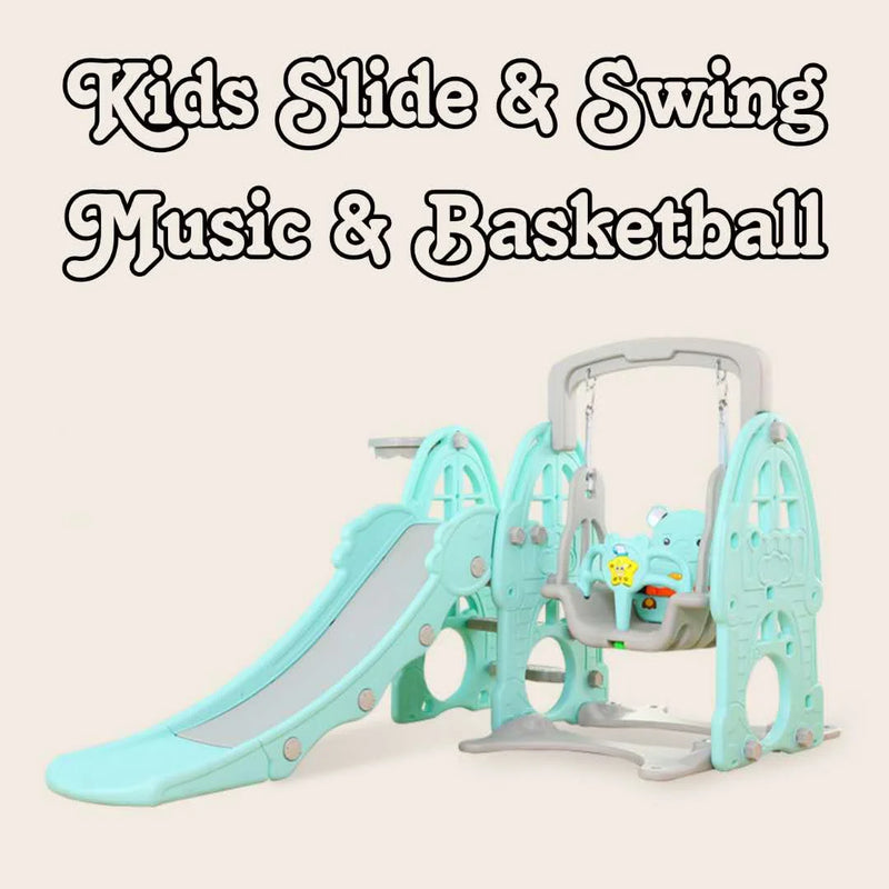 Baby Kids Boy Girl Slide & Swing With Basketball Hoop & Music Green