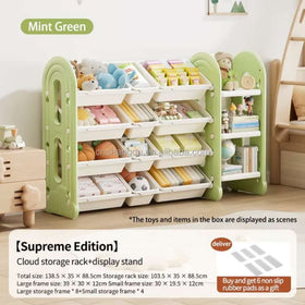 Kids Multi-Bin Toy Storage Organizer with Side Bookshelf – Simple - Mint Green