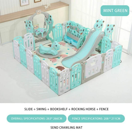 Kids Baby Indoor Playpen With Slide Swing Book Shelf Rocking Horse Green