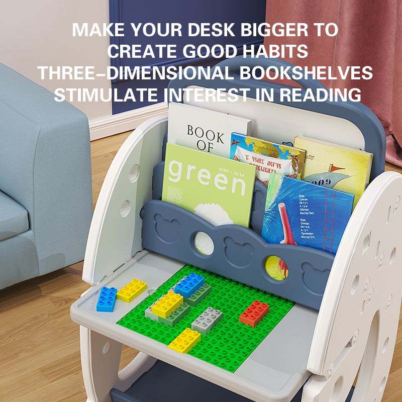 Multi Functions Kids Study Table Chair With Blocks Lego Book Self White Board Yellow