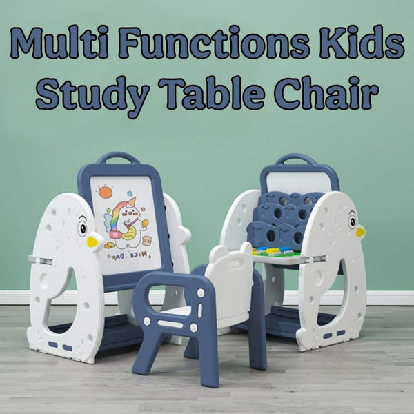 Multi Functions Kids Study Table Chair With Blocks Lego Book Self White Board Blue