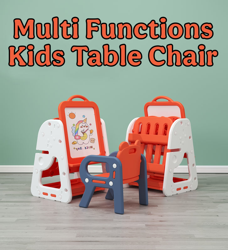 Multi Functions Kids Study Table Chair With Blocks Lego Book Self White Board Red