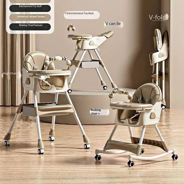 5 in 1 Baby Boy Girl Recline Foldable Dining Rocking High Chair With Rattles Brown