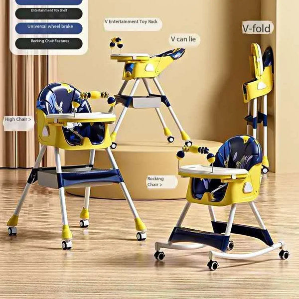 5 in 1 Baby Boy Girl Recline Foldable Dining Rocking High Chair With Rattles Yellow Blue