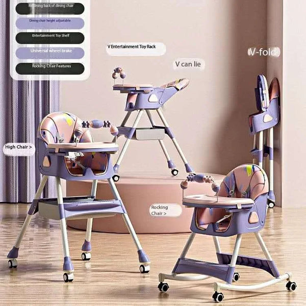 5 in 1 Baby Boy Girl Recline Foldable Dining Rocking High Chair With Rattles Purple Pink