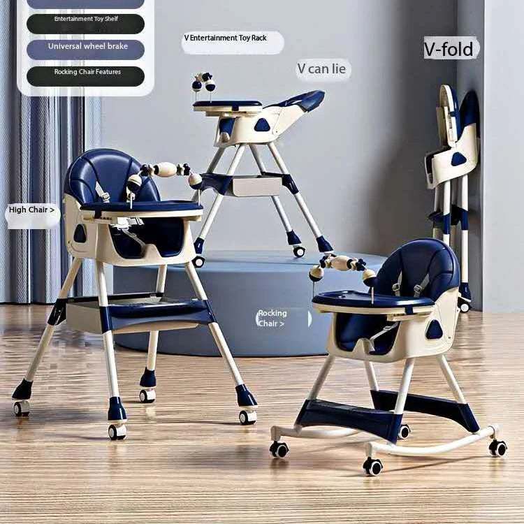 5 in 1 Baby Boy Girl Recline Foldable Dining Rocking High Chair With Rattles Blue