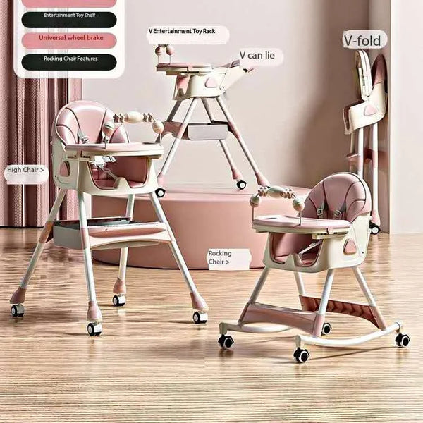 5 in 1 Baby Boy Girl Recline Foldable Dining Rocking High Chair With Rattles Pink