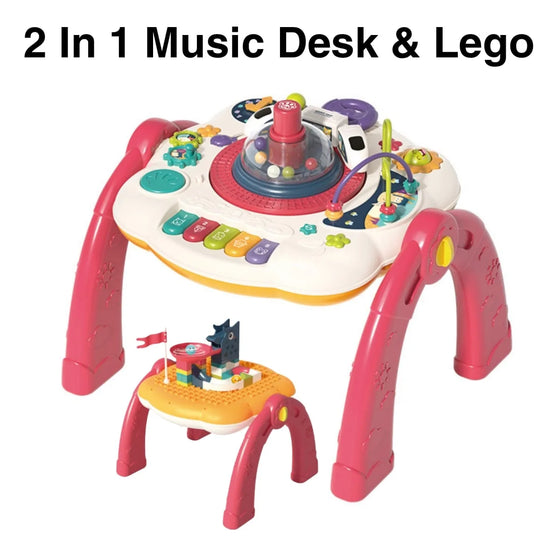 2 in 1 Multifunctional Musical Piano Desk with Lego Building Blocks Red