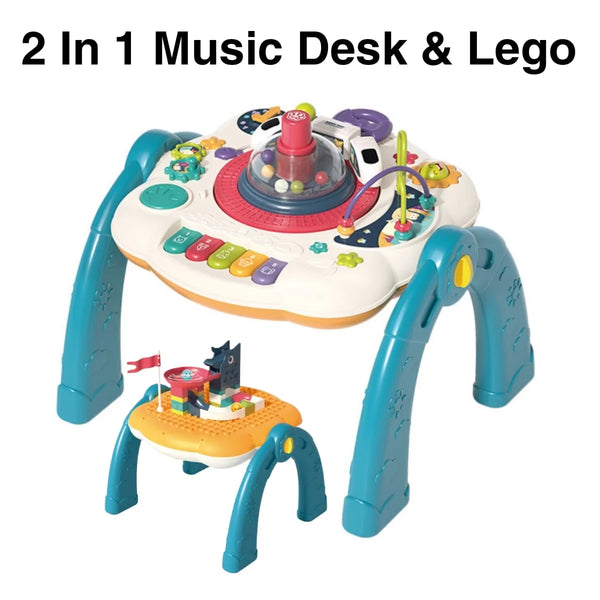 2 in 1 Multifunctional Musical Piano Desk with Lego Building Blocks Green