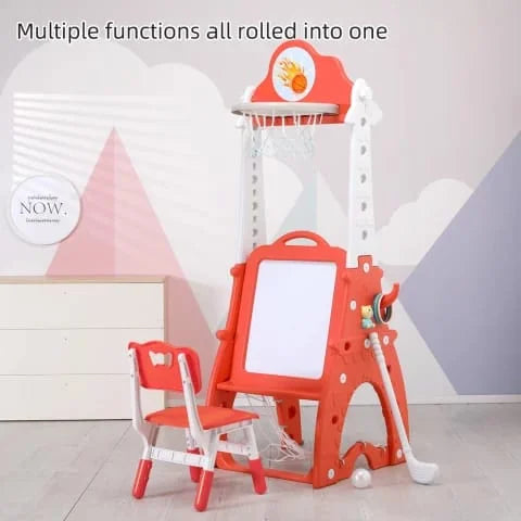 Kids Study Table Chair White Board Football Basketball Hockey Blocks Dart Music Toy Red