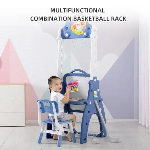 Kids Study Table Chair White Board Football Basketball Hockey Blocks Dart Music Toy Blue